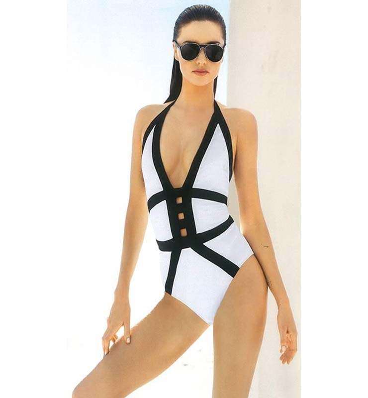 Fashion Black and White Halter One-piece Swimsuit