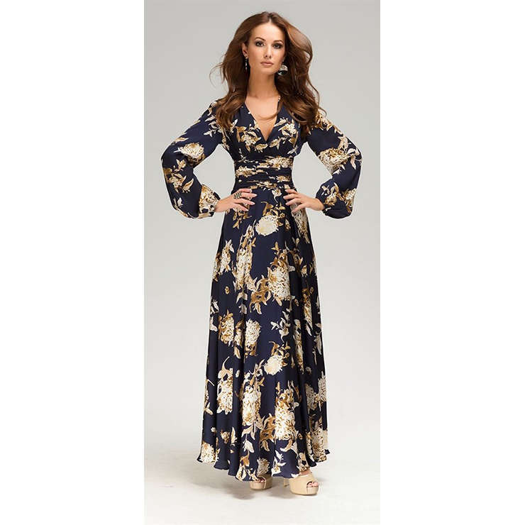 Vintage Floral Print Silky Long Sleeve Dresses