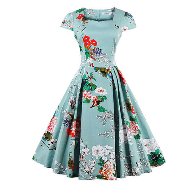 1950's Vintage Blue Floral Print Casual Swing Dress