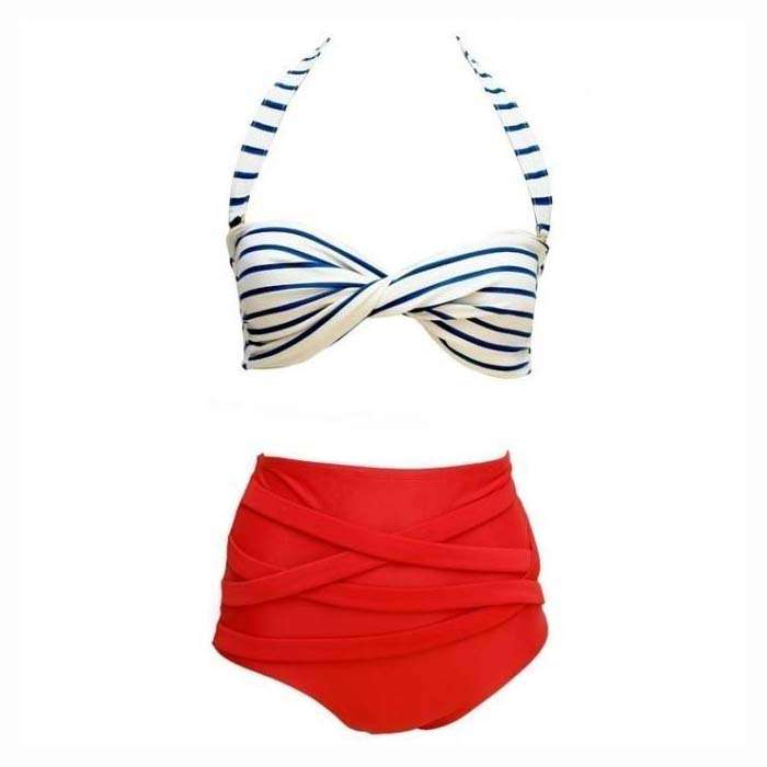 Sexy Halter Stripe Ruffles High Waist Bikini Set