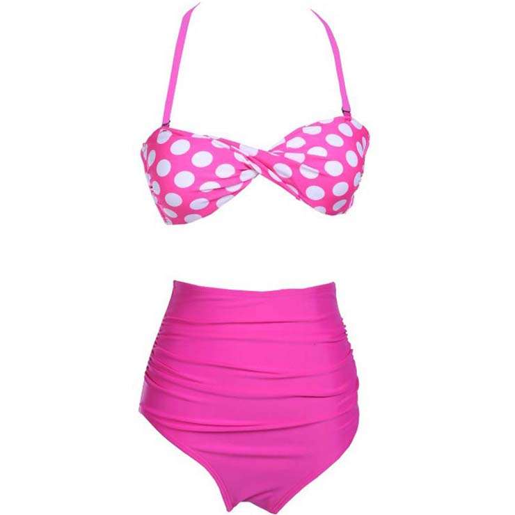 Fashion Hot-Pink Wave Point High Waist Bikini Set