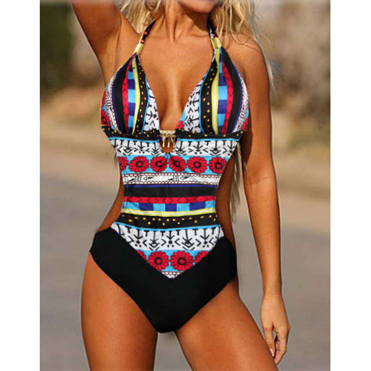 Sexy Red Halter Peculiar Pattern Monokini Swimsuit