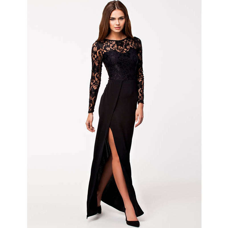 Sexy Elegant Black Lace Split-Side Long Evening Gown