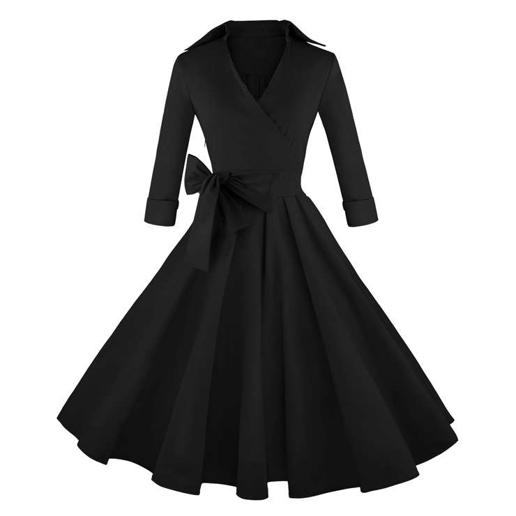 Women's Black Deep-V Neck Half Sleeve Bow Belt Vintage Casual Swing Dress