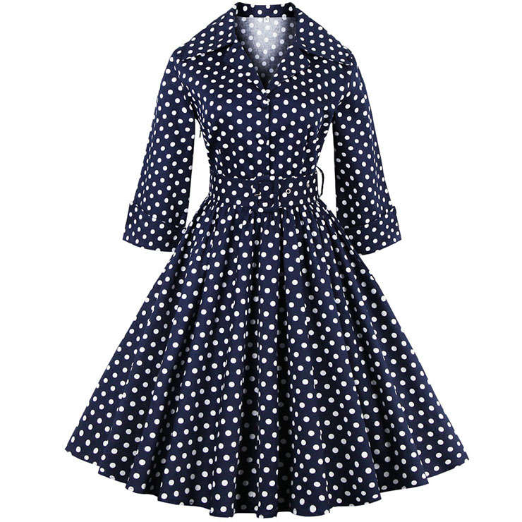 Women's Polka Dot Half Sleeve Bow Vintage Casual Swing Dress With Blet