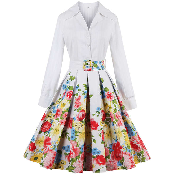 1950's Vintage Floral Long Sleeve Pleated A Line Swing Dress