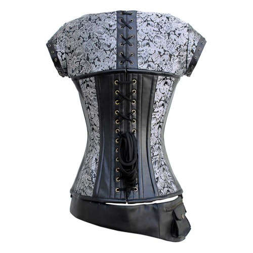 Silver and Black Faux Leather and Brocade Corset - Sizes in stock:  S | M | L | XL | 2XL