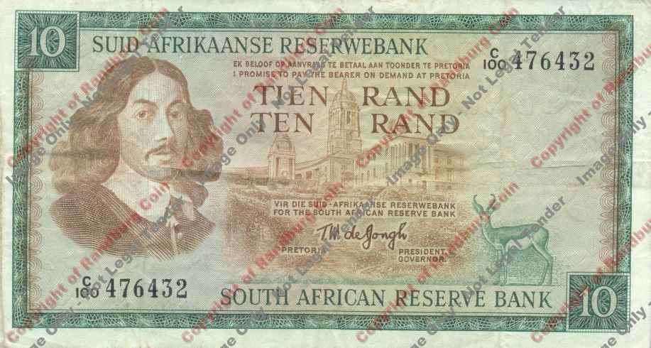 *#* TW de JONGH - 1st Issue - 10 Rand Afr/Eng - VF - staple holes *#*