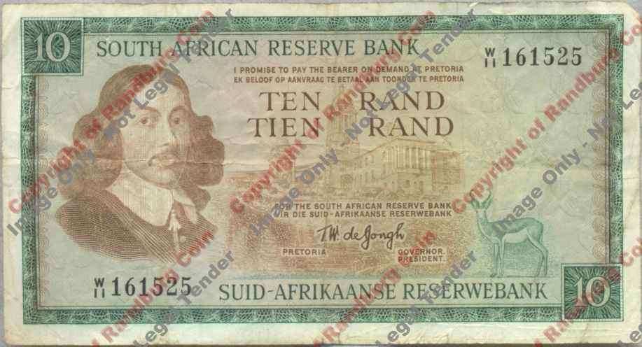 *#*TW de Jongh 1st Issue-Ten Rand W11-F+-Eng/Afr Replacement (Pin holes)*#*
