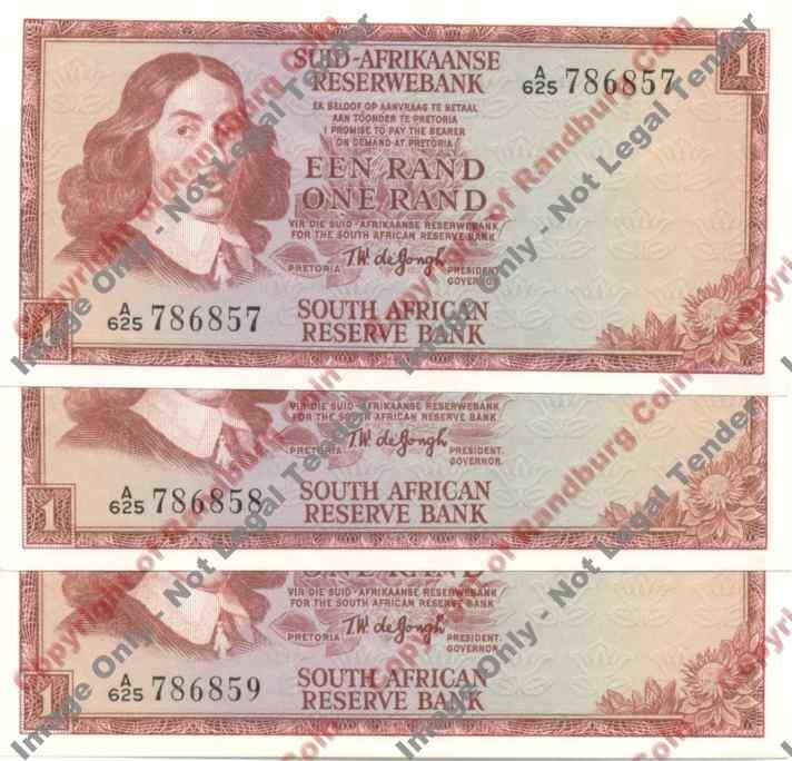 *#* TW de JONGH - 1st Issue - 1 Rand Afr/Eng - Unc - x 3 in sequence *#*