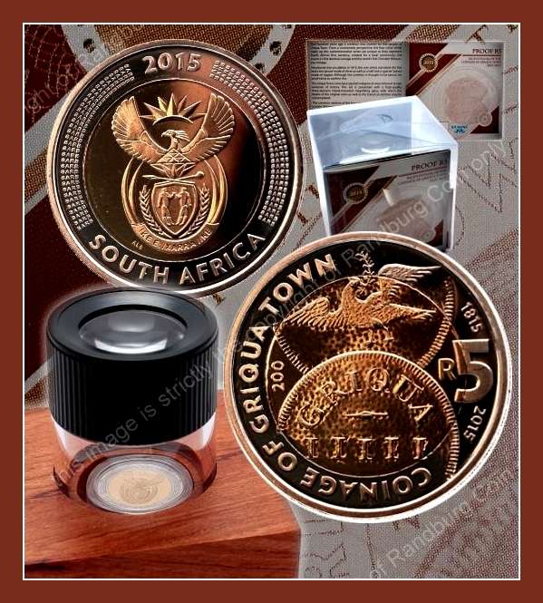 *#* Sealed - 2015 SA Mint Proof R5 Griqua coin in box and Magnifier included *#*