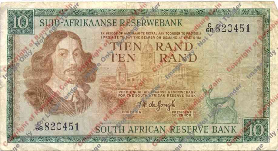 *#* TW de JONGH - 1st Issue - 10 Rand Afr/Eng - F - Pin holesand writing on front *#*