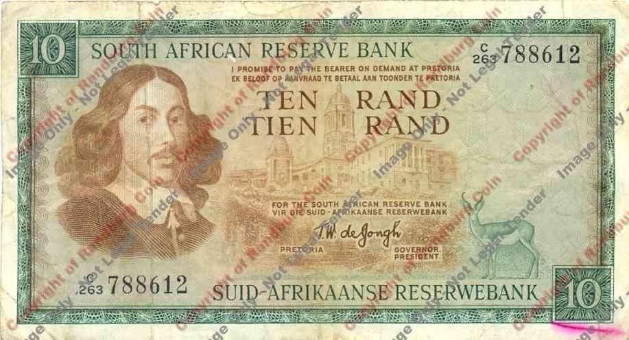 *#* TW de JONGH - 1st Issue - 10 Rand Eng/Afr - F - Staple holes and edge tears *#*