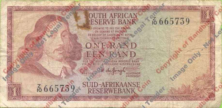 *#* TW de JONGH - 1st Issue - Replacement Z10 1 Rand 1967 - Eng/Afr - F  - Gemclip mark *#*