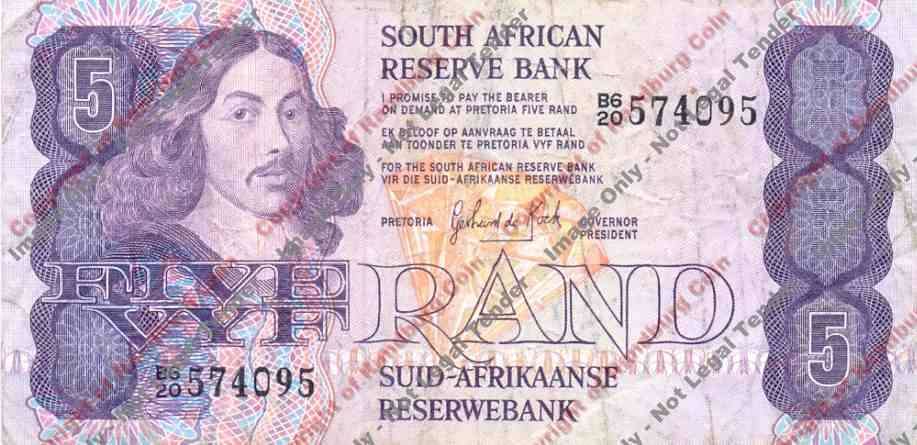 *#* GPC De Kock 3rd Issue - Five Rand 1984 Note - F - Staple holes *#*