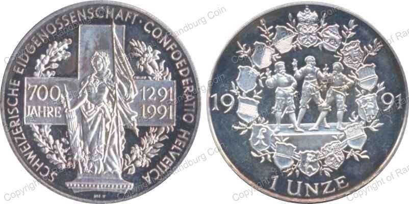 Switzerland 1991 Pure Silver 1oz Medallion-Commemorating 700 Years-Swiss Confederation 1291-1991