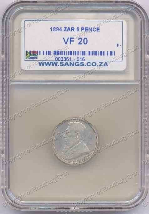 *#* 1894 ZAR SILVER SIXPENCE SANGS SLABBED VF 20 *#*