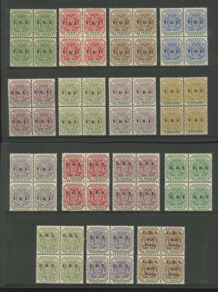 TRANSVAAL 1900 ARMS V.R.I AND E.R.I OPT to 2/6 MNH BLOCKS 60 stamps