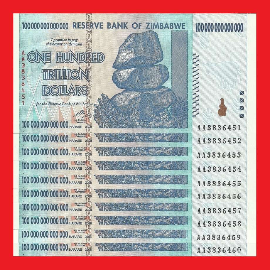ZIMBABWE 100 TRILLION DOLLAR BANKNOTE AA SERIES x 10 UNC DISPATCHED IN 24 HOURS!