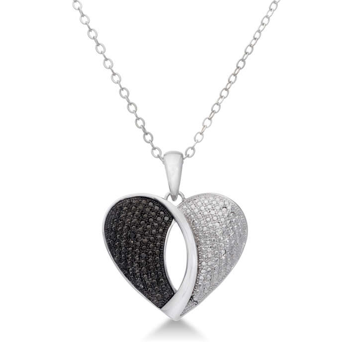 Modern Black and White Diamond Heart Pendant, 18 Inches