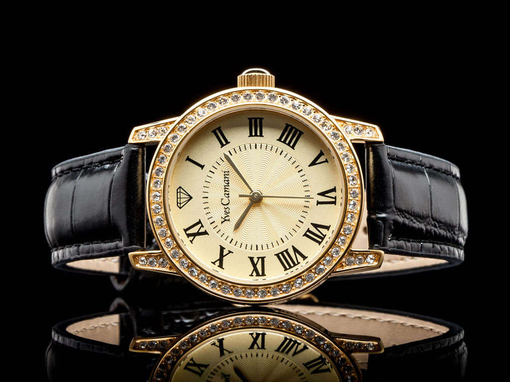 YVES CAMANI Lady PELISSANE Crystal Leather Watch *HIGH CLASS LUXURY* New in Gold Tin