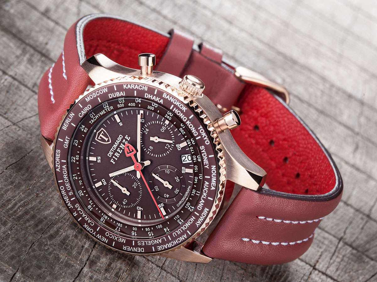 *1 day only* DETOMASO® Men's Firenze Rose Gold/Marsala World Time Chronograph Watch BRAND NEW IN BOX