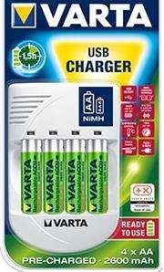 Varta USB charger with 4x Precharged AA 2600mAh NiMH Batteries- Quick charge function,Temperature co