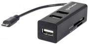 Manhattan imPORT Hub - Mobile OTG Adapter, Micro USB 2.0 to 3-Port USB 2.0 Hub, 24-in-1 Card Reader/