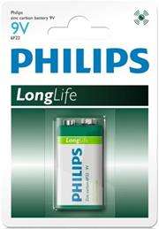 Philips LongLife 9V / 6F22 / PP3 Zinc Carbon Battery - 9V , 550mAh, up to 3 years Shelf Life- ideal