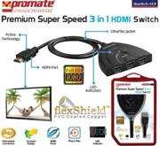 Promate Switch-H3 Premium Super Speed 3 in 1 HDMI Switch with Auto-Switch Function , Retail Box, 1 Y