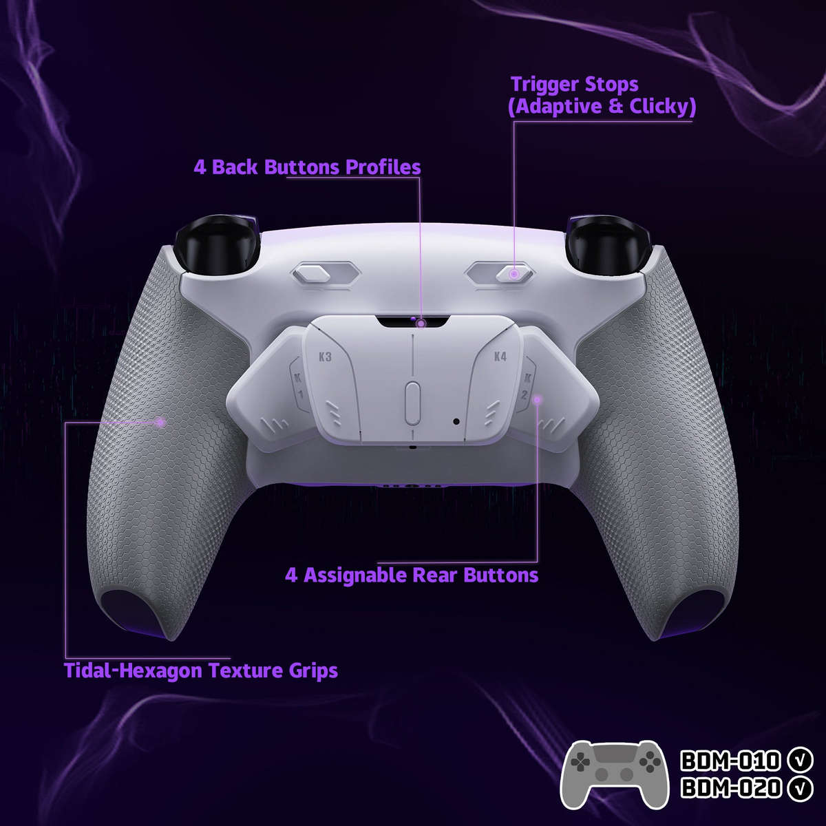 Ps5 Dualsense Controller NEW Plus MAX Edition Back Button Mod Kit Rise4 Rubberized White for BDM-...