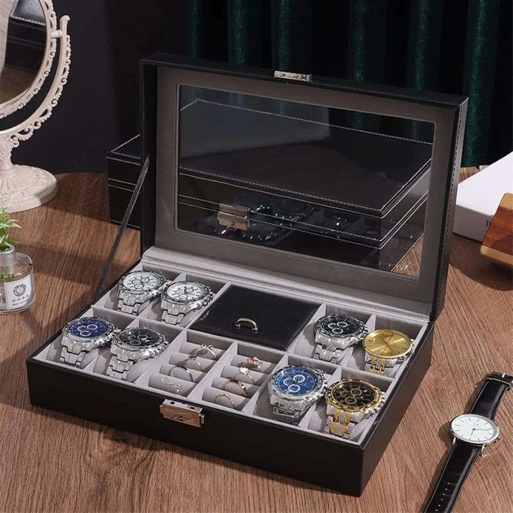 8 Watch Slot And 2 Ring Men''s/Women''s Leather Watch Box Organizer Case