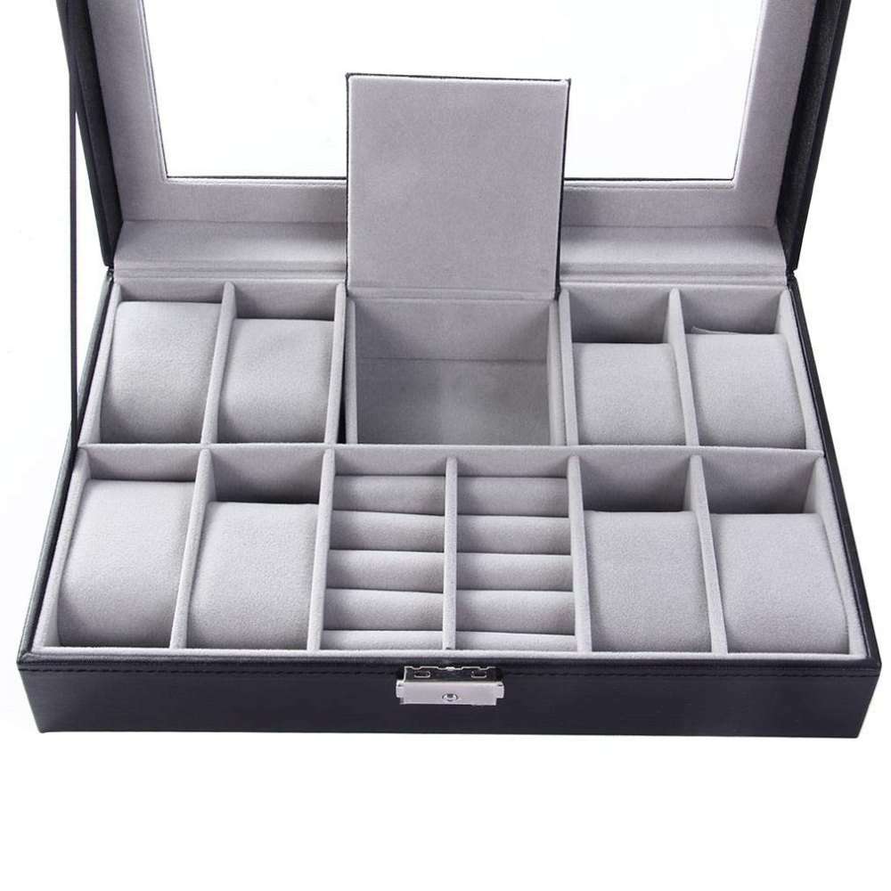 8 Watch Slot And 2 Ring Men''s/Women''s Leather Watch Box Organizer Case