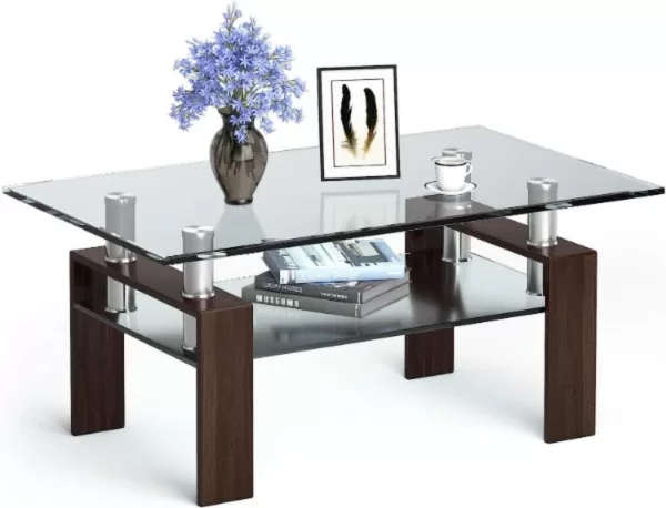 Rectangle glass coffee table with brown legs - Assembled