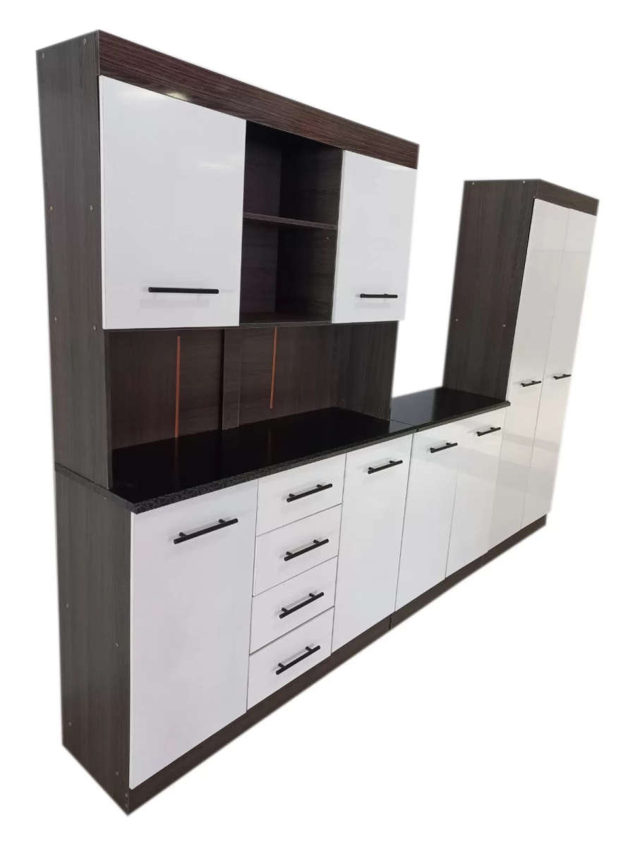 Gloss 3-piece Kitchen Cabinets - White and Brown - Assembled