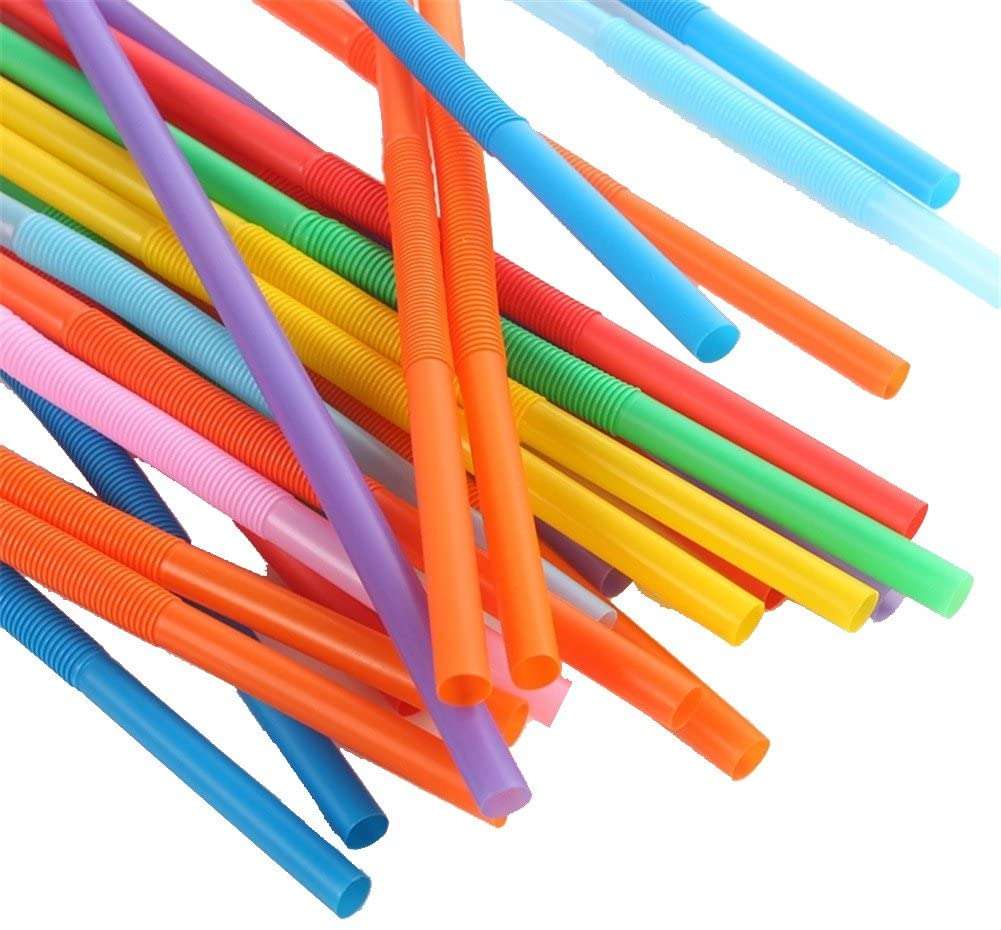 SENZA 200 Pack Plastic Drinking Straws, Extra Long Flexible Disposable Bendy Straws, Assorted Colors
