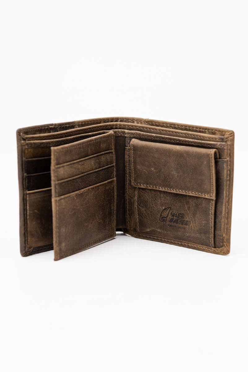 Camel Mountain Genuine Leather Tri-Fold Stitch Detail Wallet with Coin Pouch Brown