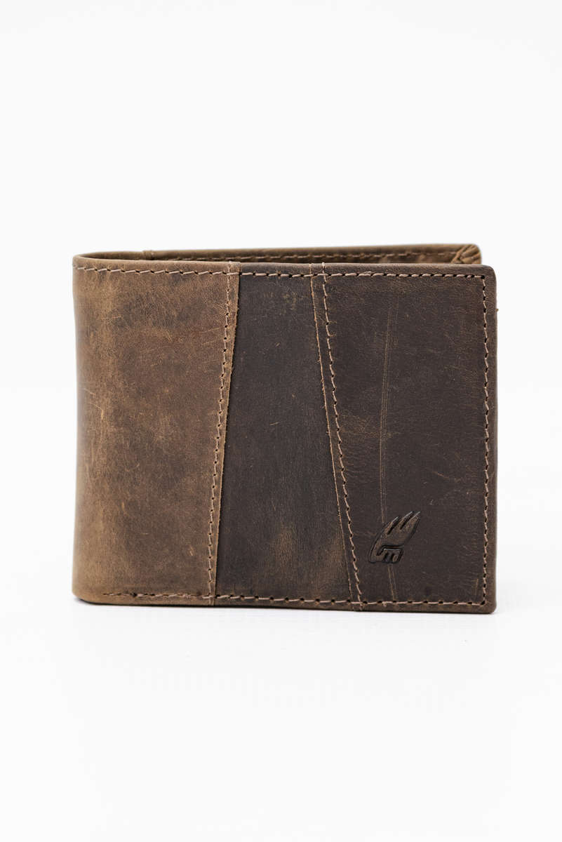 Camel Mountain Genuine Leather Tri-Fold Stitch Detail Wallet with Coin Pouch Brown