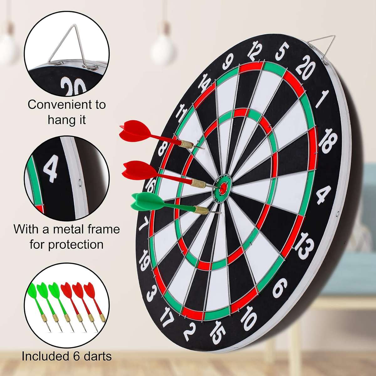 Dart Board Set,Double-Sided 17 Inch With 6 Steel-Plastic Darts