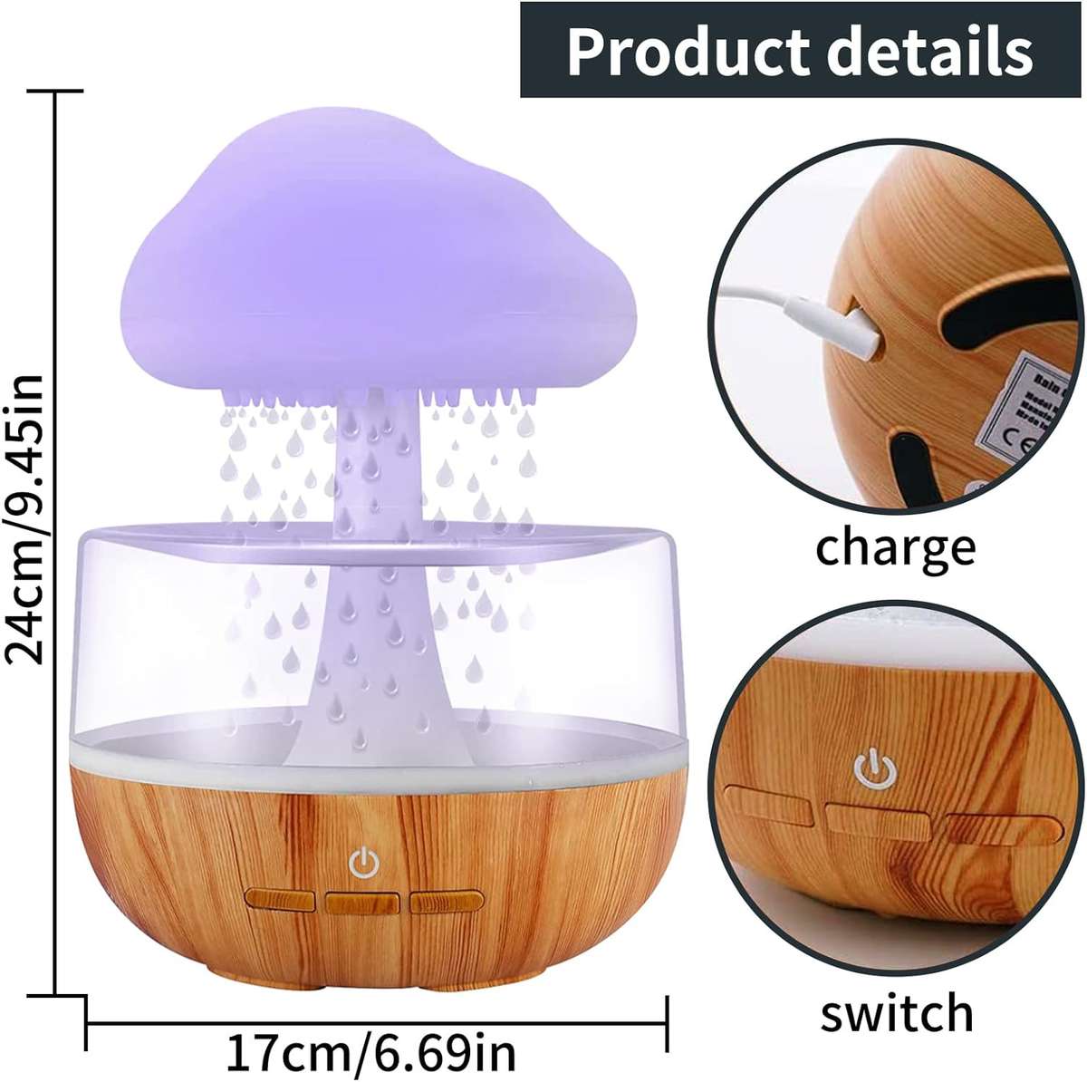 Rain Cloud Humidifier Water Drip 400 ml, Essential Oil Diffuser with 7 Colours LED