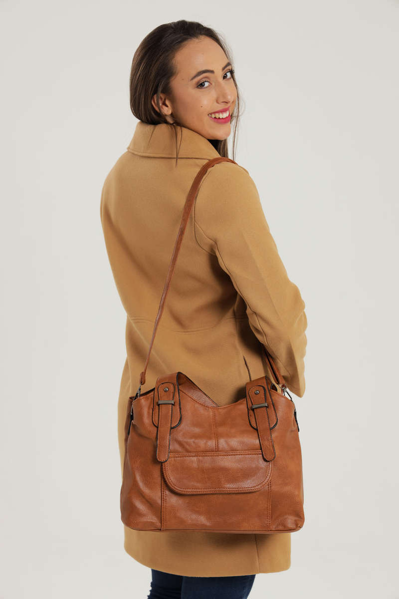 Ladies Faux Leather Handbag With Multiple Compartments Brown