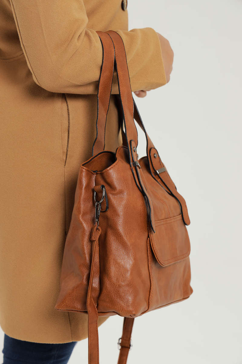 Ladies Faux Leather Handbag With Multiple Compartments Brown