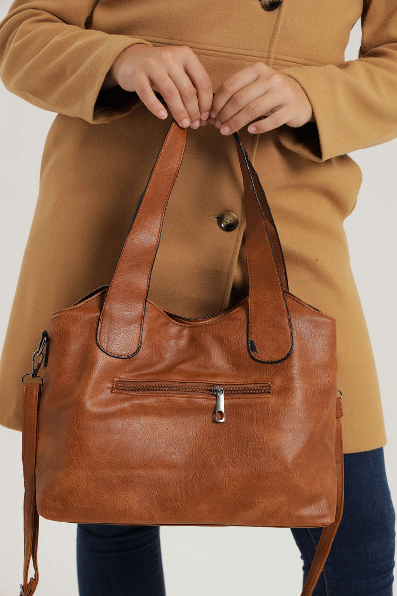 Ladies Faux Leather Handbag With Multiple Compartments Brown