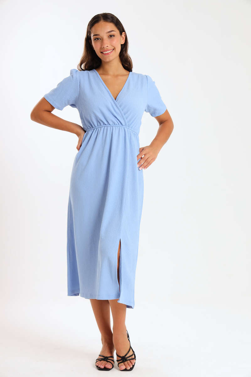Chic V-Neck Puff Sleeve Midi Dress