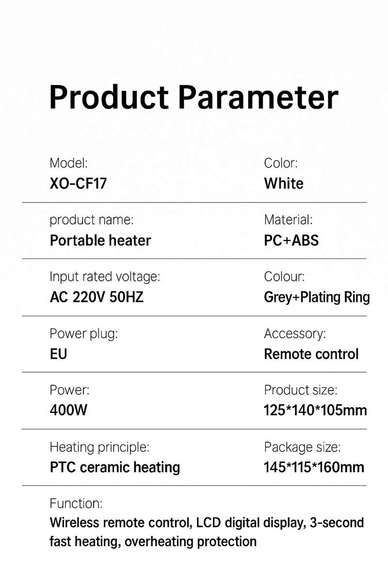 XO CF18 Portable Office Leg Fan Heater 400W Remote Control