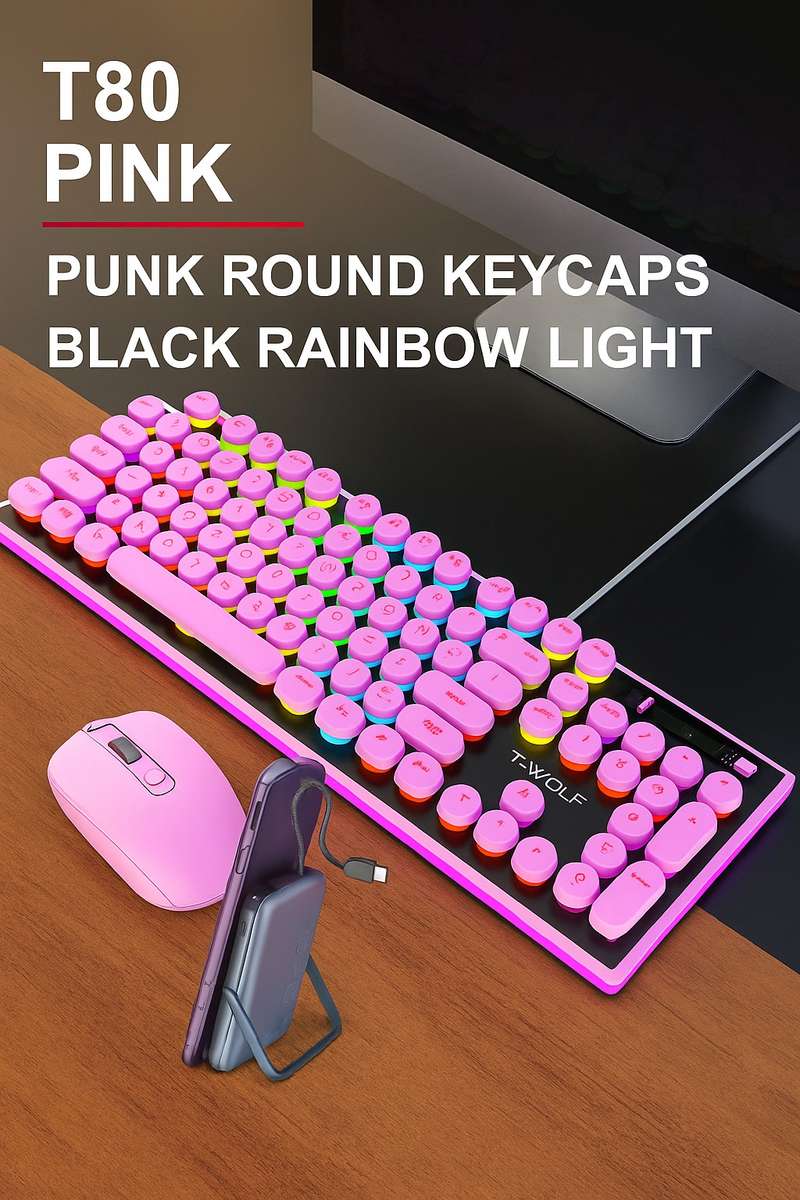 T-WOLF T80 Punk Retro Rainbow Gaming Wired Keyboard
