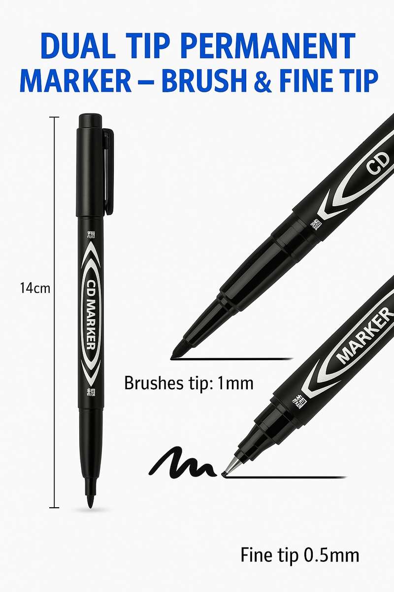 Permanent Black Marker Box of 10 Dual Tip With Fine Liner Pen