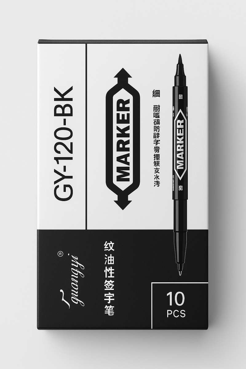 Permanent Black Marker Box of 10 Dual Tip With Fine Liner Pen