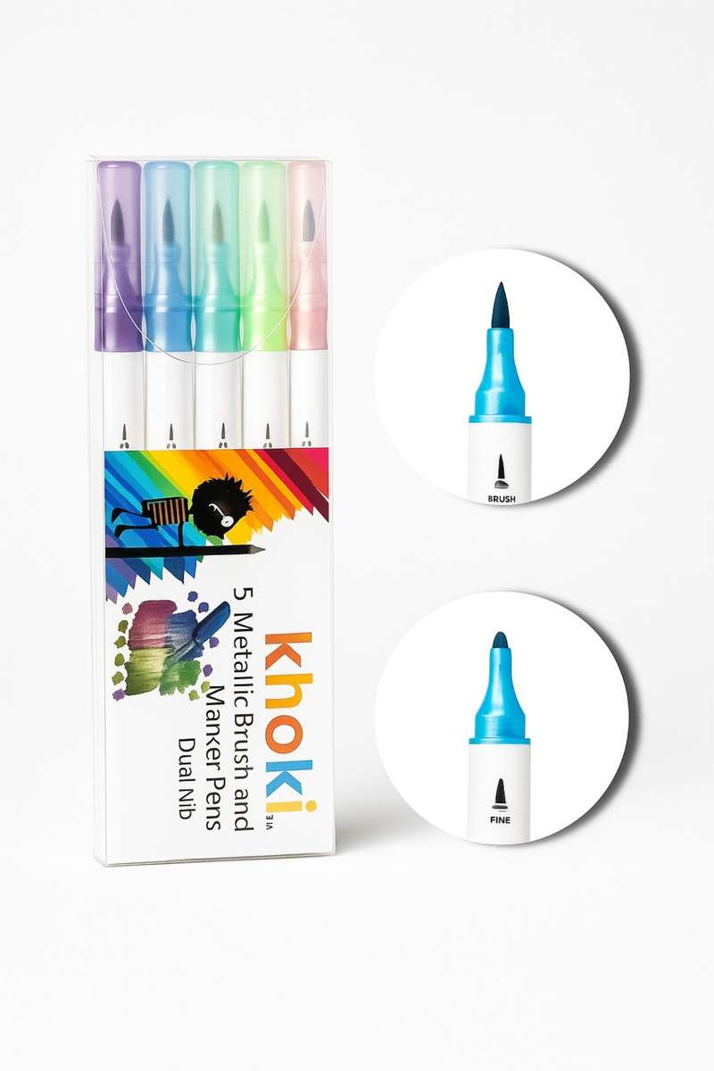 Khoki 5 Pack Metallic Dual Nib Marker Pens Set