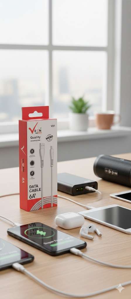 Veon V01 6A Micro USB Fast Charging Data Cable - High Current & Durable Sync Lead (White)